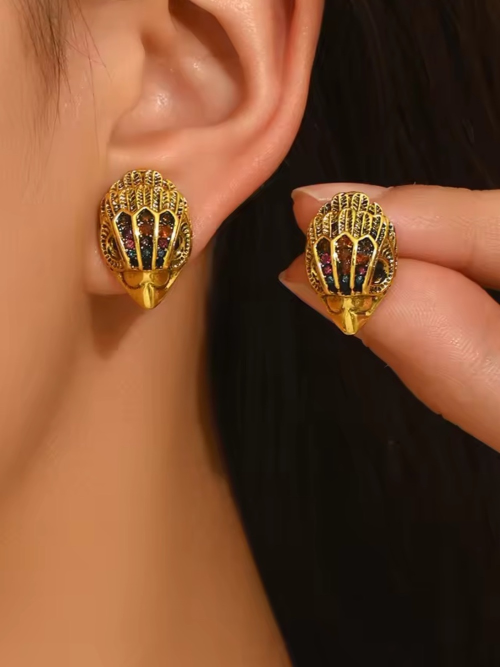 Gold-Tone Hamsa Hand Stud Earrings | Boho Statement Earrings | Evil Eye Inspired